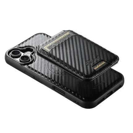 SUTENI H18 For iPhone 16 Plus Magnetic Case Carbon Fiber Texture Leather+TPU Cover with Detachable Card Bag