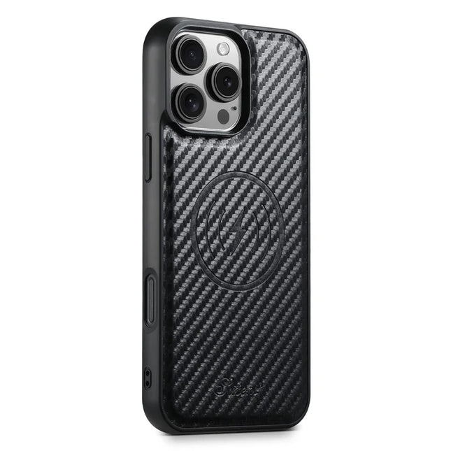SUTENI H18 For iPhone 16 Pro Max Magnetic Case Carbon Fiber Texture Leather+TPU Cover with Detachable Card Bag