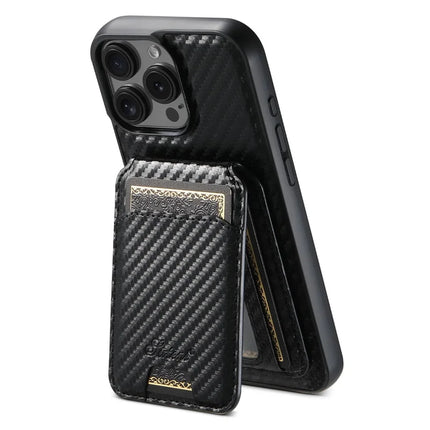 SUTENI H18 For iPhone 16 Pro Max Magnetic Case Carbon Fiber Texture Leather+TPU Cover with Detachable Card Bag