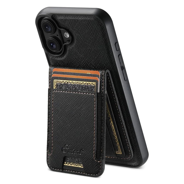 SUTENI H17 For iPhone 16 Plus Magnetic Case Leather+TPU Cross Texture Phone Cover with Detachable Card Bag - Black