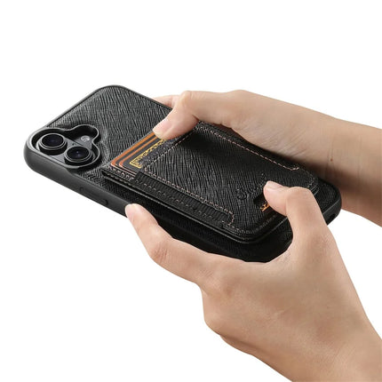 SUTENI H17 For iPhone 16 Plus Magnetic Case Leather+TPU Cross Texture Phone Cover with Detachable Card Bag