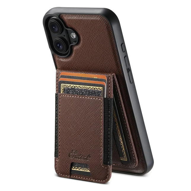 SUTENI H17 For iPhone 16 Plus Magnetic Case Leather+TPU Cross Texture Phone Cover with Detachable Card Bag - Brown