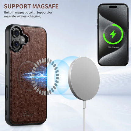 SUTENI H17 For iPhone 16 Plus Magnetic Case Leather+TPU Cross Texture Phone Cover with Detachable Card Bag