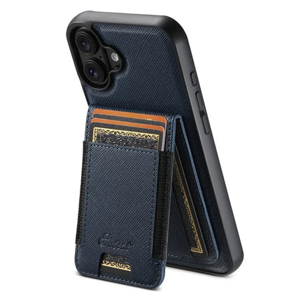 SUTENI H17 For iPhone 16 Plus Magnetic Case Leather+TPU Cross Texture Phone Cover with Detachable Card Bag - Blue