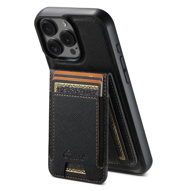 SUTENI H17 For iPhone 16 Pro Max Magnetic Case Leather+TPU Cross Texture Phone Cover with Detachable Card Bag - Black