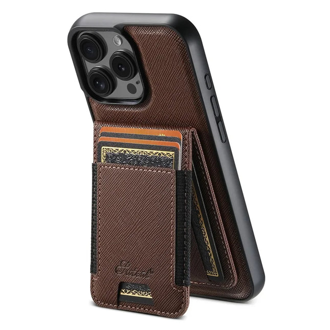 SUTENI H17 For iPhone 16 Pro Max Magnetic Case Leather+TPU Cross Texture Phone Cover with Detachable Card Bag - Brown