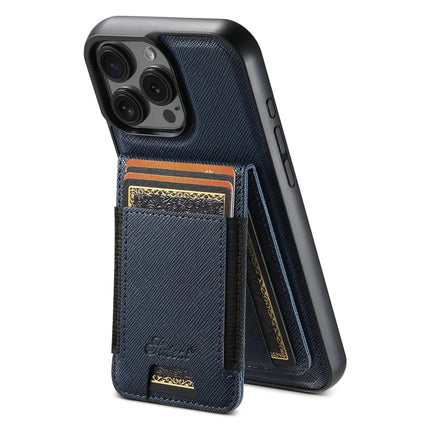 SUTENI H17 For iPhone 16 Pro Max Magnetic Case Leather+TPU Cross Texture Phone Cover with Detachable Card Bag - Blue