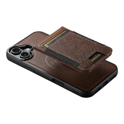 SUTENI H17 For iPhone 16 Magnetic Case Leather+TPU Cross Texture Phone Cover with Detachable Card Bag
