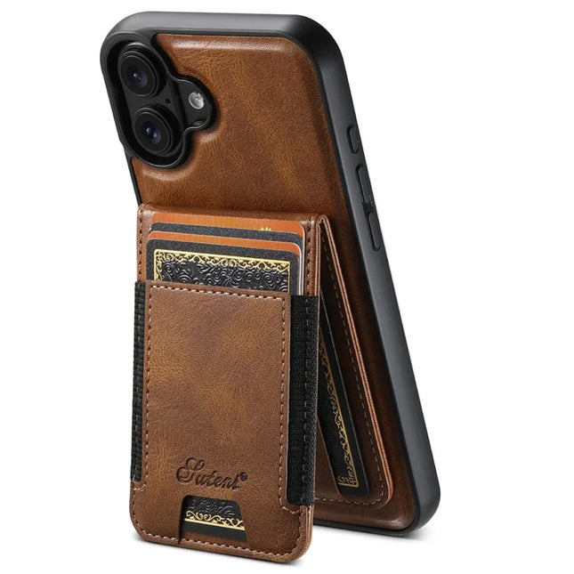 SUTENI H17 For iPhone 16 Case Compatible with MagSafe Card Holder Kickstand Phone Cover - Brown