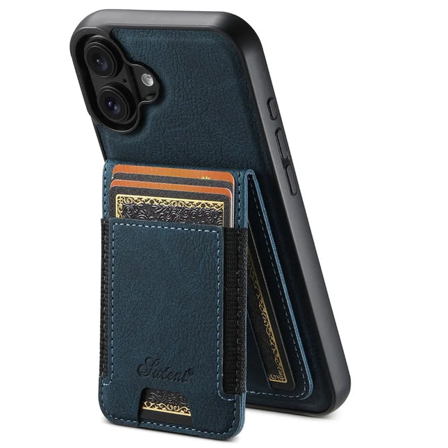 SUTENI H17 For iPhone 16 Plus Magnetic Case Card Slots Leather+TPU Kickstand Phone Cover - Blue