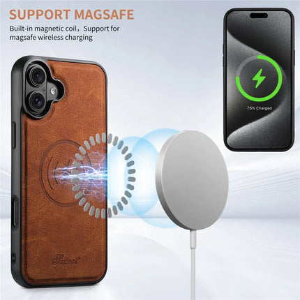 SUTENI H17 For iPhone 16 Plus Magnetic Case Card Slots Leather+TPU Kickstand Phone Cover