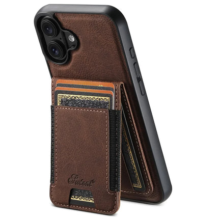 SUTENI H17 For iPhone 16 Plus Magnetic Case Card Slots Leather+TPU Kickstand Phone Cover - Brown