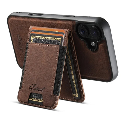 SUTENI H17 For iPhone 16 Plus Magnetic Case Card Slots Leather+TPU Kickstand Phone Cover