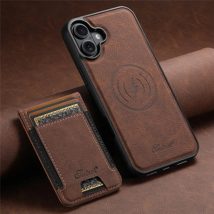 SUTENI H17 For iPhone 16 Plus Magnetic Case Card Slots Leather+TPU Kickstand Phone Cover