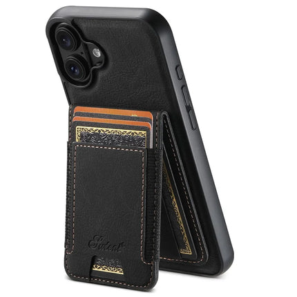SUTENI H17 For iPhone 16 Plus Magnetic Case Card Slots Leather+TPU Kickstand Phone Cover - Black