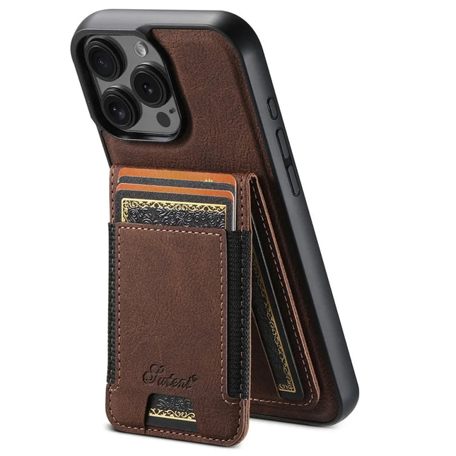 SUTENI H17 For iPhone 16 Pro Max Magnetic Case Card Slots Leather+TPU Kickstand Phone Cover - Brown