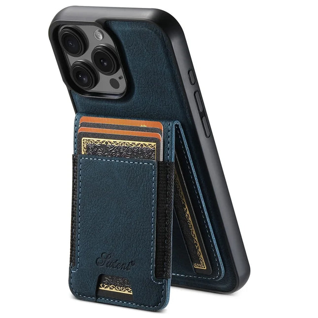 SUTENI H17 For iPhone 16 Pro Max Magnetic Case Card Slots Leather+TPU Kickstand Phone Cover - Blue