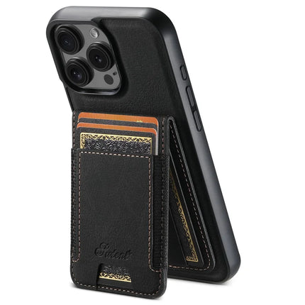 SUTENI H17 For iPhone 16 Pro Max Magnetic Case Card Slots Leather+TPU Kickstand Phone Cover - Black