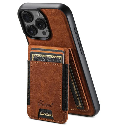 SUTENI H17 For iPhone 16 Pro Max Magnetic Case Card Slots Leather+TPU Kickstand Phone Cover - Khaki