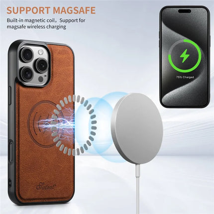 SUTENI H17 For iPhone 16 Pro Max Magnetic Case Card Slots Leather+TPU Kickstand Phone Cover