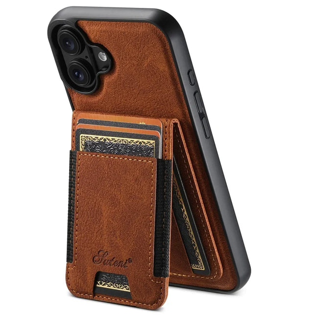 SUTENI H17 For iPhone 16 Magnetic Case Card Slots Leather+TPU Kickstand Phone Cover - Khaki