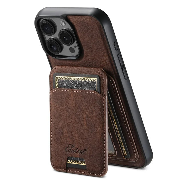 SUTENI H16 For iPhone 16 Pro Max Magnetic Case Kickstand Phone Cover Detachable Card Holder - Brown