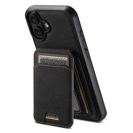 SUTENI H16 For iPhone 16 Plus Magnetic Case Kickstand Phone Cover Detachable Card Holder - Black