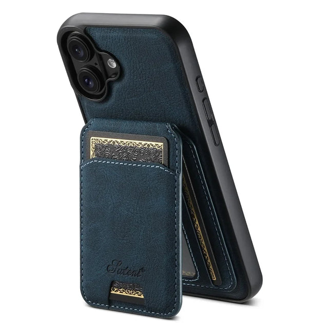 SUTENI H16 For iPhone 16 Plus Magnetic Case Kickstand Phone Cover Detachable Card Holder - Blue
