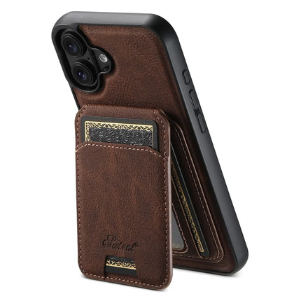 SUTENI H16 For iPhone 16 Plus Magnetic Case Kickstand Phone Cover Detachable Card Holder - Brown
