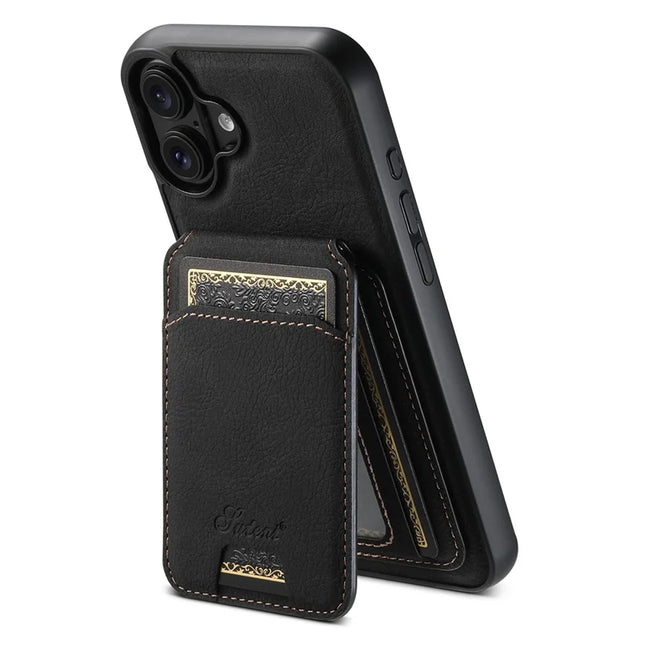 SUTENI H16 For iPhone 16 Magnetic Case Kickstand Phone Cover Detachable Card Holder - Black