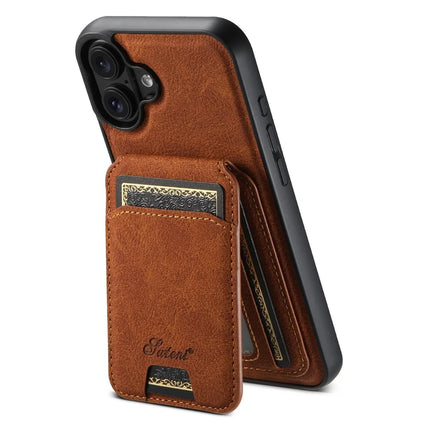 SUTENI H16 For iPhone 16 Magnetic Case Kickstand Phone Cover Detachable Card Holder - Khaki
