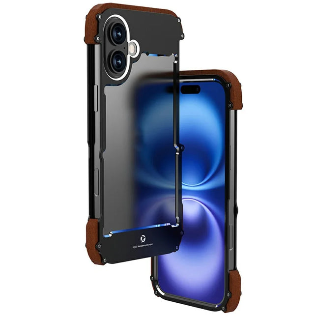 R-JUST For iPhone 16 Plus Bumper Case Aluminium Alloy+Redwood Frameless Phone Cover