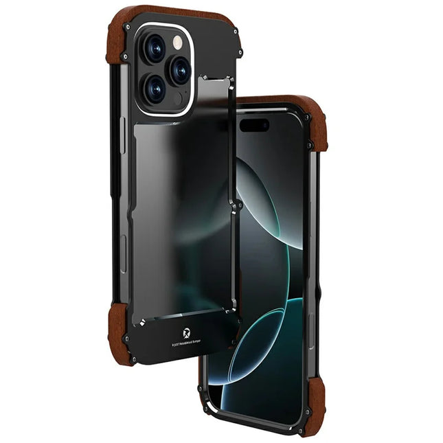 R-JUST For iPhone 16 Pro Max Bumper Case Aluminium Alloy+Redwood Frameless Phone Cover