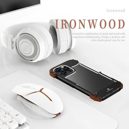R-JUST For iPhone 16 Pro Max Bumper Case Aluminium Alloy+Redwood Frameless Phone Cover