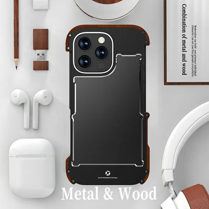 R-JUST For iPhone 16 Pro Max Bumper Case Aluminium Alloy+Redwood Frameless Phone Cover