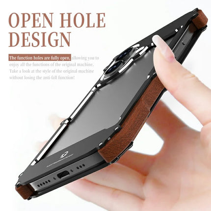 R-JUST For iPhone 16 Pro Max Bumper Case Aluminium Alloy+Redwood Frameless Phone Cover