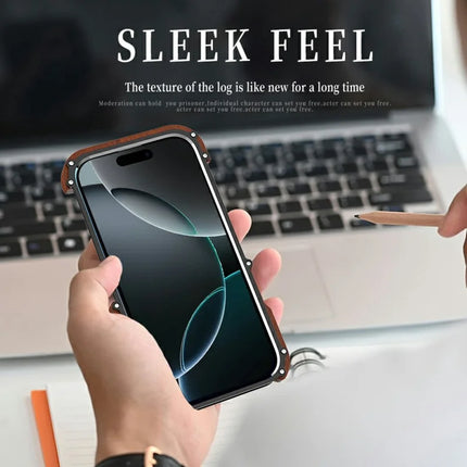 R-JUST For iPhone 16 Pro Max Bumper Case Aluminium Alloy+Redwood Frameless Phone Cover