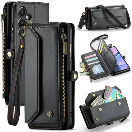 For Samsung Galaxy A16 5G / A16 4G Case CASEME C36 Series  Zipper Wallet Leather Phone Cover with Straps - Black