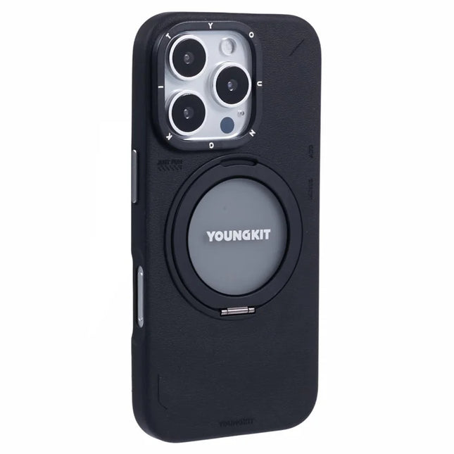 YOUNGKIT For iPhone 16 Pro Max Case Compatible with MagSafe Rotating Kickstand PU Leather+TPU Phone Cover - Black