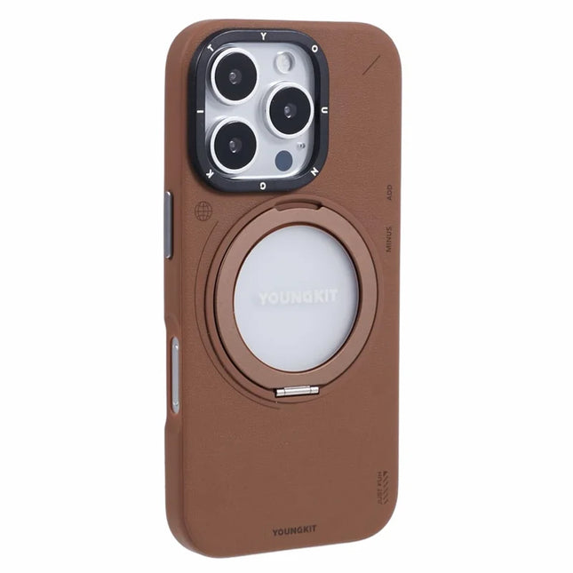 YOUNGKIT For iPhone 16 Pro Max Case Compatible with MagSafe Rotating Kickstand PU Leather+TPU Phone Cover - Brown