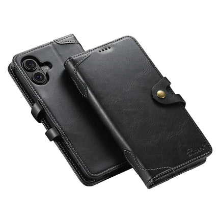 SUTENI Q03 Series for iPhone 16 Plus Case Wavy Texture PU Leather Phone Wallet Cover - Black