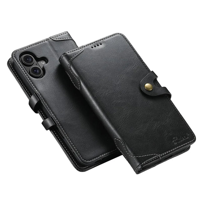 SUTENI Q03 Series for iPhone 16 Plus Case Wavy Texture PU Leather Phone Wallet Cover - Black