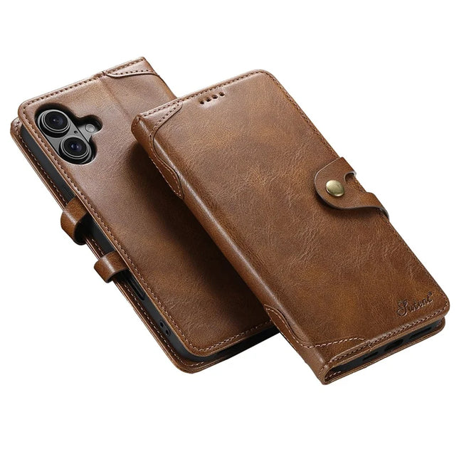 SUTENI Q03 Series for iPhone 16 Plus Case Wavy Texture PU Leather Phone Wallet Cover - Brown