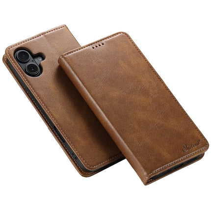 SUTENI J02 Series for iPhone 16 Plus Case Waxy Texture Leather Phone Cover with Magnetic Closure - Brown