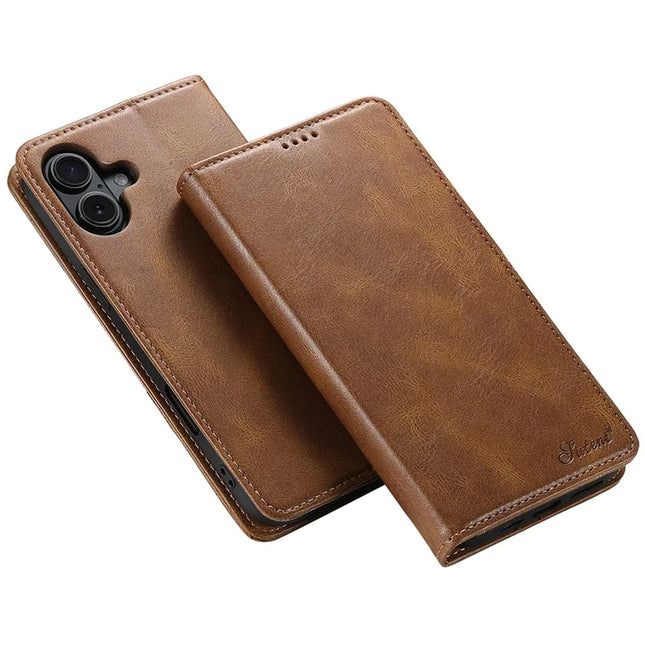 SUTENI J02 Series for iPhone 16 Plus Case Waxy Texture Leather Phone Cover with Magnetic Closure - Brown