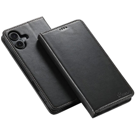 SUTENI J02 Series for iPhone 16 Plus Case Waxy Texture Leather Phone Cover with Magnetic Closure - Black