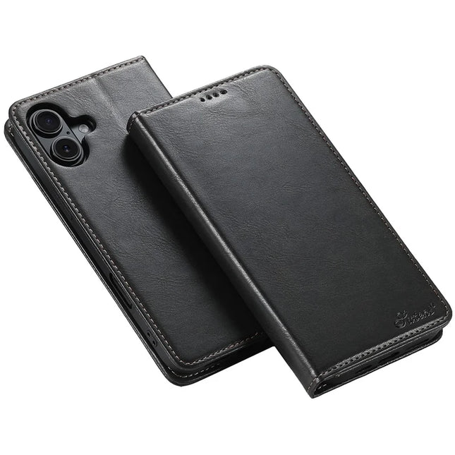 SUTENI J02 Series for iPhone 16 Plus Case Waxy Texture Leather Phone Cover with Magnetic Closure - Black