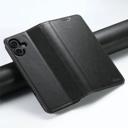 SUTENI J02 Series for iPhone 16 Plus Case Waxy Texture Leather Phone Cover with Magnetic Closure