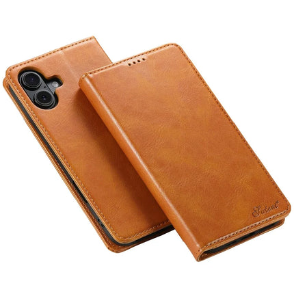 SUTENI J02 Series for iPhone 16 Plus Case Waxy Texture Leather Phone Cover with Magnetic Closure - Khaki