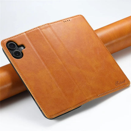 SUTENI J02 Series for iPhone 16 Plus Case Waxy Texture Leather Phone Cover with Magnetic Closure